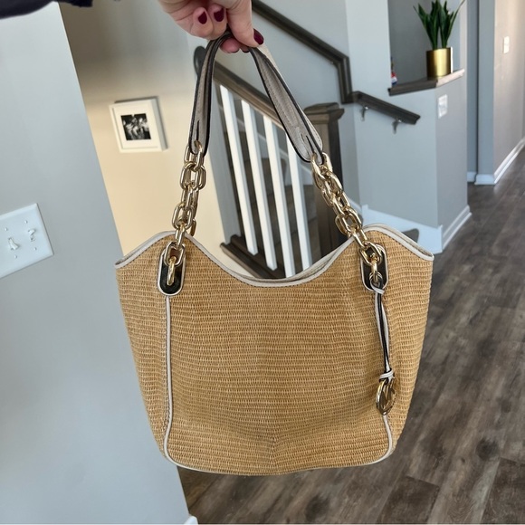 Michael Kors Straw Raffia Shoulder Bag with Gold Handles - Picture 2 of 16